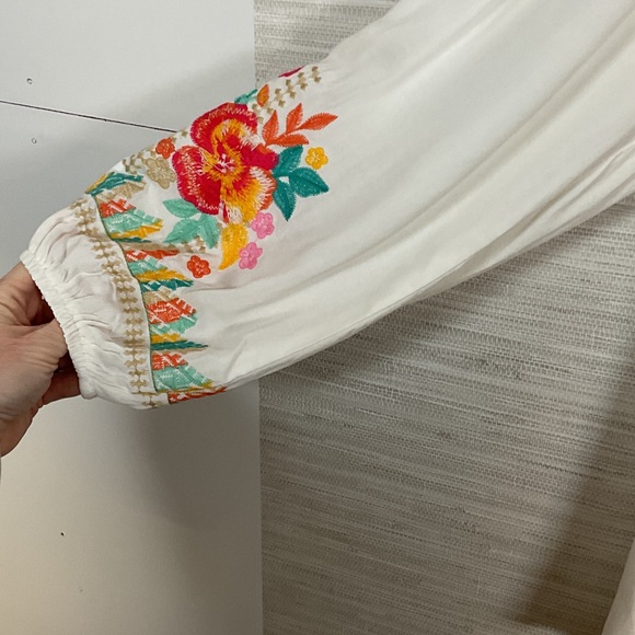 Savanna Jane V-Neck Blouse with Floral Embroidery - White and Pink Plus 1X - Picture 2 of 14